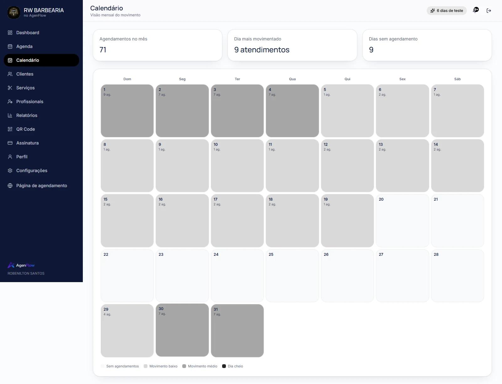 Tela de Calendário da AgenFlow com visão mensal de compromissos