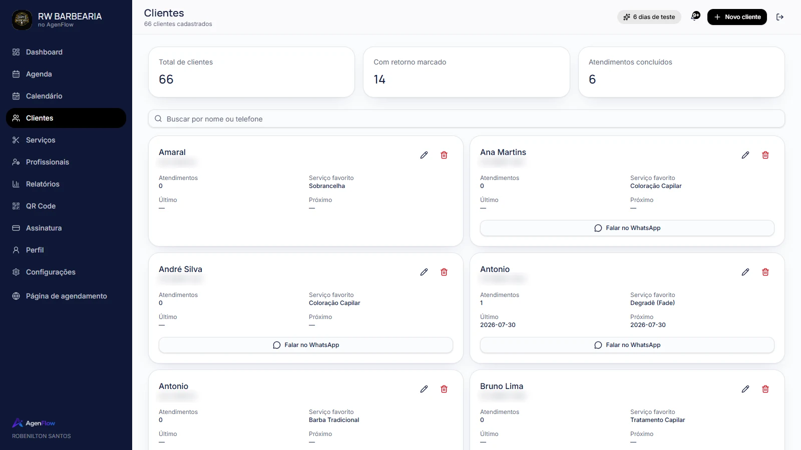 Tela de Clientes da AgenFlow com listagem e histórico de serviços