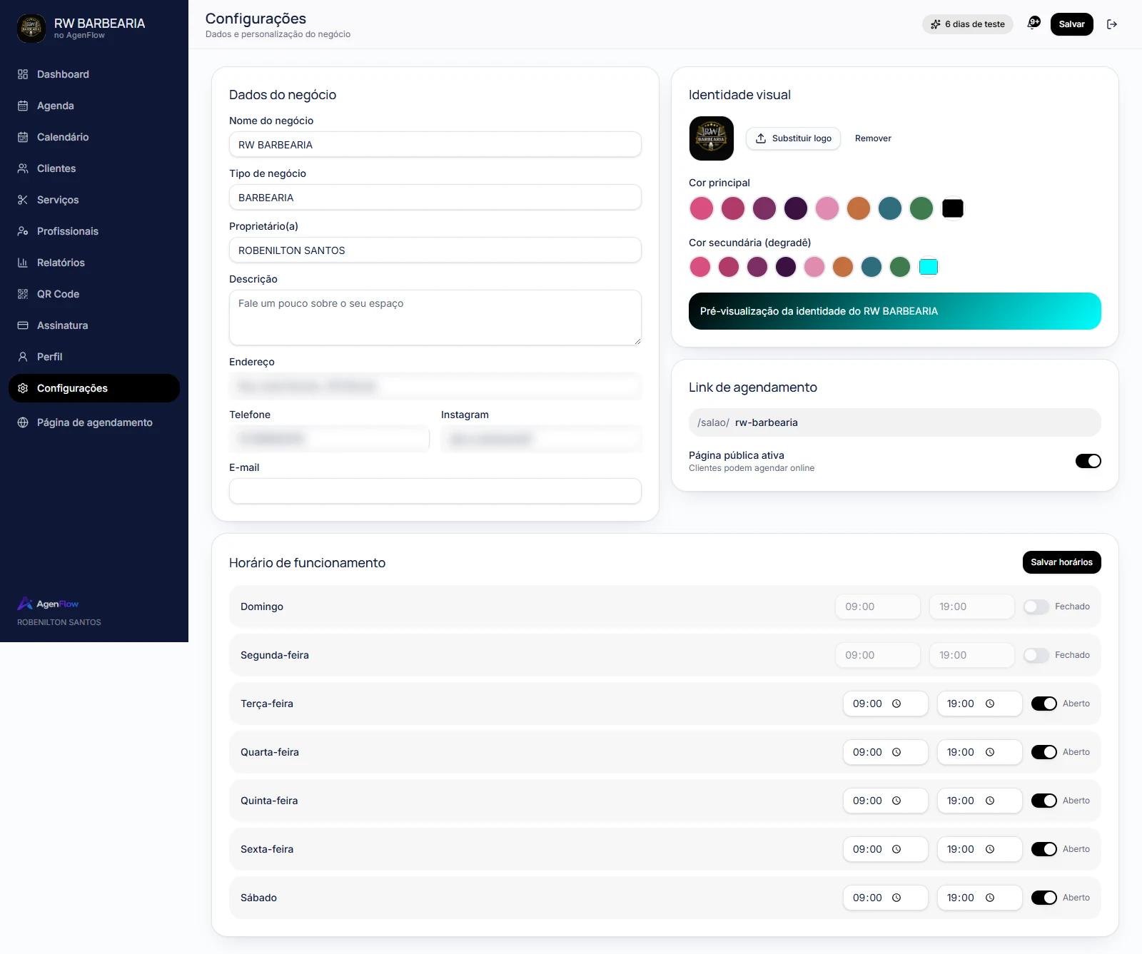 Tela de Configurações da AgenFlow para ajuste de horários e identidade visual