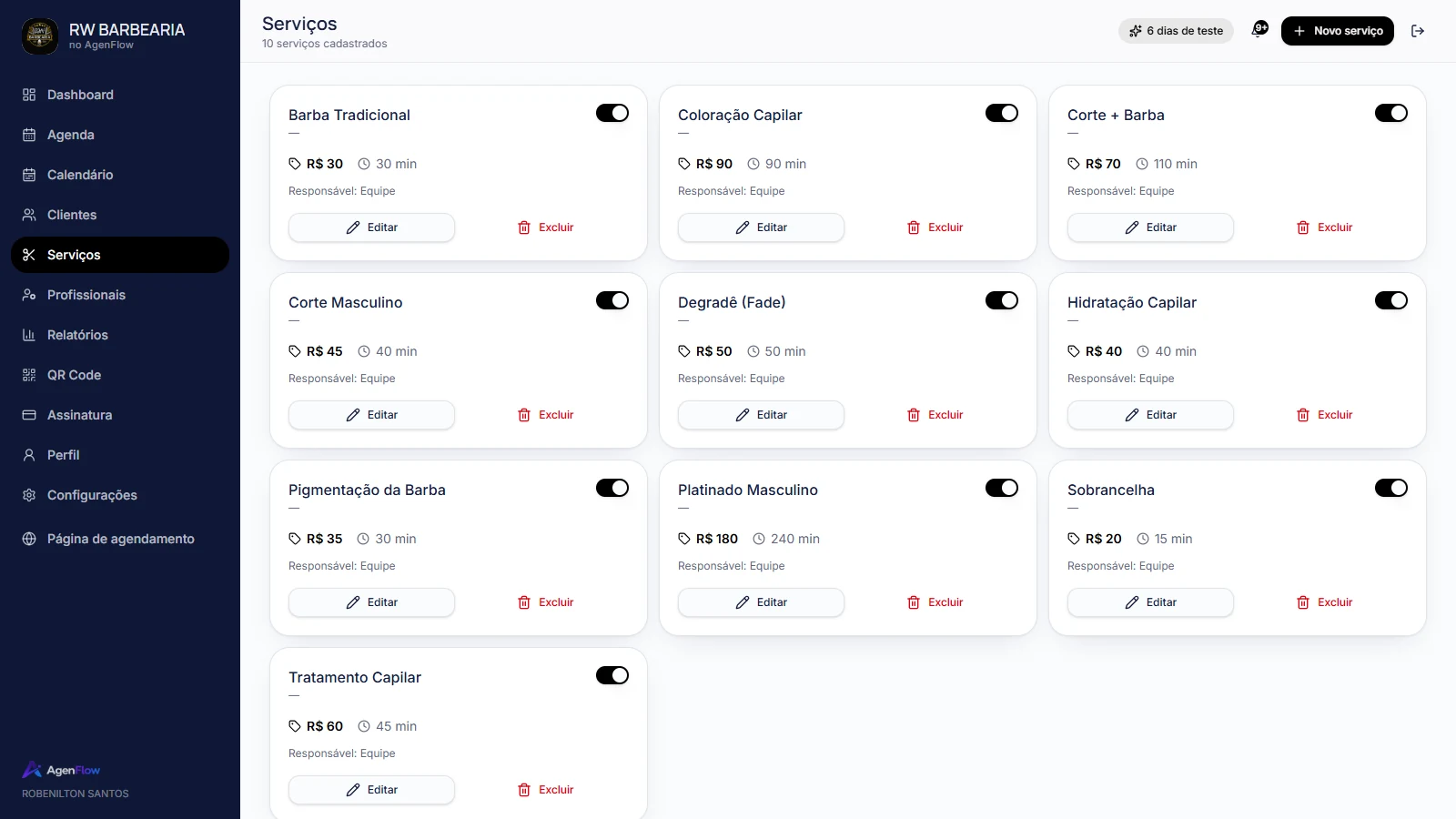 Tela de Serviços da AgenFlow com catálogo de procedimentos e valores